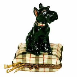 Black Schnauzer Dog on Designer Plaid Cushion Limoges Box (Beauchamp)