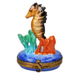 Seahorse in Coral Reef Limoges Box, Authentic Hand-Painted French Porcelain Ocean & Sea Limoges Boxes France Collectible