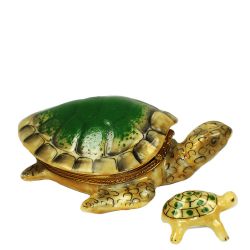 Green Sea Turtle Limoges box with Baby by Beauchamp, Authentic French Porcelain Collectible Trinket Box & Gift