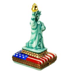 Statue of Liberty on US Flag Limoges Box by Beauchamp, Authentic Hand-Painted Porcelain Imported from Limoges France, Patriotic Collectible Luxury Gift