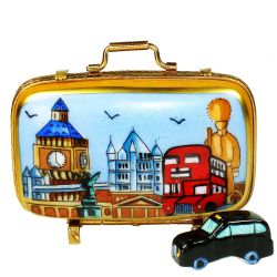London Landmarks Suitcase & Black Taxi Limoges Box, Authentic Hand-Painted French Porcelain Beauchamp Exclusive