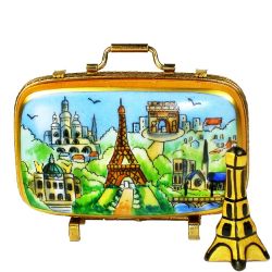 Paris Landmarks Suitcase Limoges Box with Eiffel Tower Inside by Beauchamp |100% Authentic Hand-Painted French Porcelain Gift