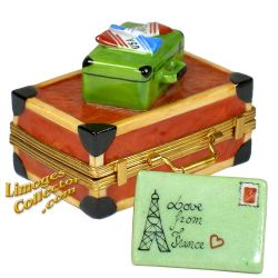 Paris Vacation Luggage with Airline Tickets Limoges Box (Retired)