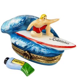 Hawaii Surfer On The Waves Limoges Box by Beauchamp, Authentic Hand-Painted French Porcelain Summer Vacation Collectible & Gift