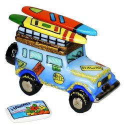 Hawaii Surfing Vacation Jeep with Postcard Limoges box by Beauchamp |Authentic Hand-Painted Limoges Porcelain Imported from France