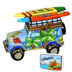 Hawaii Surfing Vacation Jeep with Postcard Limoges box by Beauchamp |Authentic Hand-Painted Limoges Porcelain Imported from France