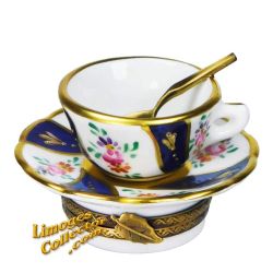 Teacup & Saucer Limoges Box with Floral Design and Blue Stripes (Retired)