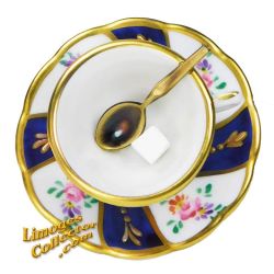 Teacup & Saucer Limoges Box with Floral Design and Blue Stripes (Retired)