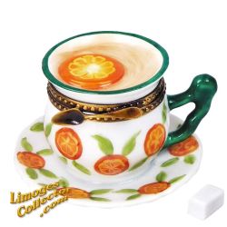 Tea Cup & Saucer Limoges Box with Orange Design and Orange Slice (Rochard)