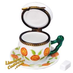 Tea Cup & Saucer Limoges Box with Orange Design and Orange Slice (Rochard)