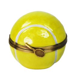 Yellow Tennis Ball Limoges Box with Tennis Racket Clasp, 100% Authentic Hand-Painted French Porcelain Collectible & Gift