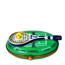 Tennis Racket and Ball over Tennis Court Limoges Box for French Limoges Porcelain Trinket Box