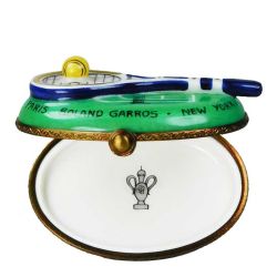Tennis Racket and Ball over Tennis Court Limoges Box for French Limoges Porcelain Trinket Box