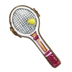 Tennis Racket with Yellow Tennis Ball Limoges Box, 100% Authentic Hand-Painted French Porcelain Sports Collectible & Gift