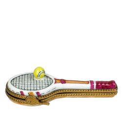 Tennis Racket with Yellow Tennis Ball Limoges Box, 100% Authentic Hand-Painted French Porcelain Sports Collectible & Gift