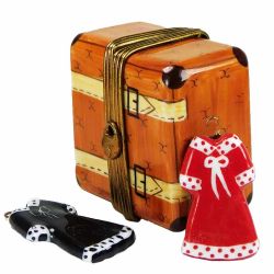 Travel Trunk Suitcase Limoges Box with Drawers & 2 Dresses, Authentic Retired Hand-Painted Limoges Box Collectible & Gift