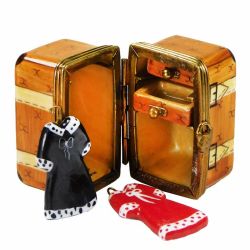 Travel Trunk Suitcase Limoges Box with Drawers & 2 Dresses, Authentic Retired Hand-Painted Limoges Box Collectible & Gift