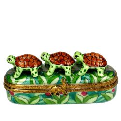 3 Turtles In A Line Limoges Box by Beauchamp, Authentic French Porcelain Trinket Box Imported from Limoges, France, Perfect Collectible & Luxury Gift