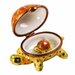 Mama Turtle Limoges Box with Baby Turtle on a Walk, Authentic Hand-Painted French Porcelain Trinket Box, Imported from Limoges, France