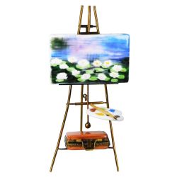 Monet Waterlily Painting on Easel Limoges Box with Paint Palette & Paints Collection Case. Authentic Rochard Hand-Painted Limoges Trinket Box Gift