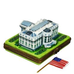 White House Limoges Box with US Flag on Pole by Beauchamp, Authentic Hand-Painted Porcelain Limoges Boxes France Patriotic Collectible & Gift