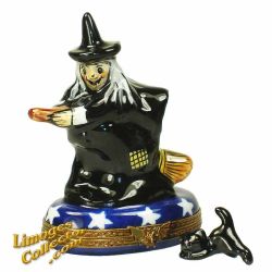 Witch on Broom w/ Black Cat Limoges Box (Beauchamp)