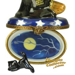 Witch on Broom w/ Black Cat Limoges Box (Beauchamp)