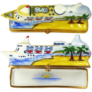 Luxury Cruise Ship at Tropical Port Limoges Box with Postcard by Beauchamp, 100% Authentic French Porcelain Collectible & Gift