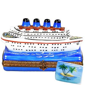 Luxury Ocean Liner Cruise Ship Limoges Box with Postcard by Beauchamp, 100% Authentic Hand-Painted Porcelain Collectible 