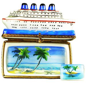 Luxury Ocean Liner Cruise Ship Limoges Box with Postcard by Beauchamp, 100% Authentic Hand-Painted Porcelain Collectible 