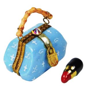 Designer Blue Handbag Purse, Leather Strap & Lipstick Limoges Box, 100% Authentic French Porcelain