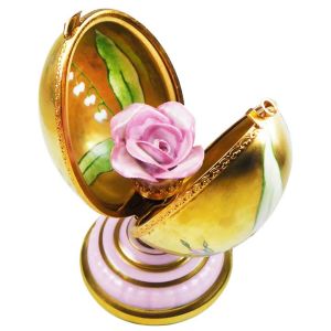 24K Gold Egg on Stand with Large Pink Rose Limoges Box (Retired)