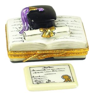 Graduation Open Book with Cap & Diploma Limoges Box by Artoria, 100% Authentic French Porcelain Collectible Gift from France