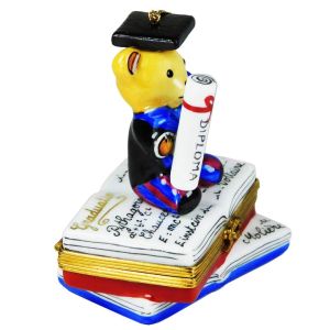 Graduation Teddy Bear with Diploma Limoges Box by Beauchamp, 100% Authentic Hand-Painted French Porcelain Gift for the Graduate