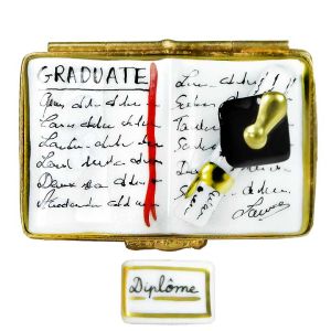 Open Graduation Book with Cap & Diploma Limoges Box by Beauchamp, 100% Authentic Hand-Painted French Porcelain Gif for the Graduate