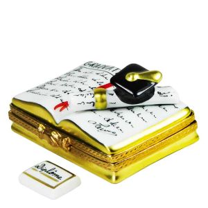 Open Graduation Book with Cap & Diploma Limoges Box by Beauchamp, 100% Authentic Hand-Painted French Porcelain Gif for the Graduate