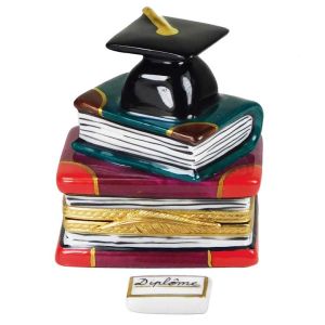 Graduation Cap on Stack of Books with Diploma Limoges Box by Beauchamp, 100% Authentic Hand-Painted French Porcelain Gift