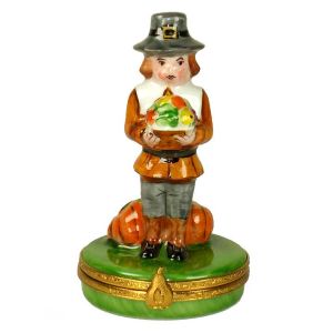 Pilgrim Man with Fall Harvest Limoges Box by Artoria | 100% Authentic Porcelain Collectible Thanksgiving Décor and Gift