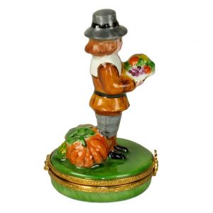 Pilgrim Man with Fall Harvest Limoges Box by Artoria | 100% Authentic Porcelain Collectible Thanksgiving Décor and Gift