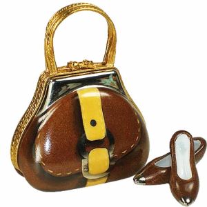 Designer Brown Handbag & Shoes Limoges Box by Beauchamp for Fashionable Collector, 100% Authentic French Porcelain