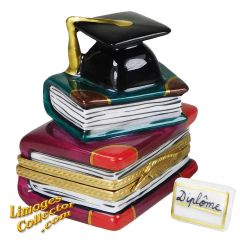 Graduation Cap on Stack of Books with Diploma Limoges Box (Beauchamp)