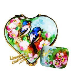 Colorful Songbirds on Heart with Greeting Card Limoges Box (Beauchamp)