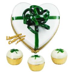 St. Patrick Heart with 3 Clover Cupcakes Limoges Box (Beauchamp)