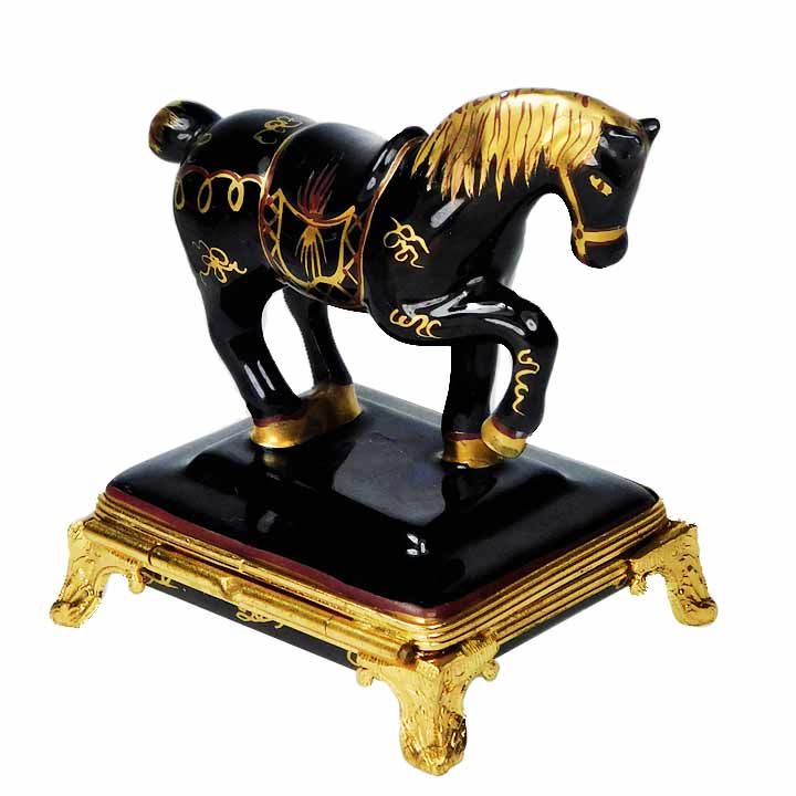 Asian Black & Gold Tang Horse Chinese Art Limoges Box